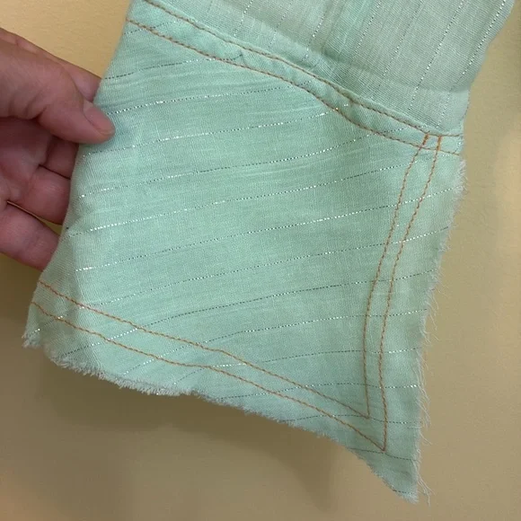Aziz | Mint Green Floral Embroidered Metallic Thread Cotton Button Up Shirt M - Picture 15 of 17